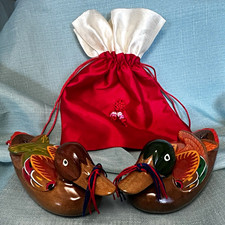 Beautiful Vintage Korean Wedding Ducks Pair Hand Painted Wood Kireogi Box & Bag picture