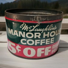 FF McLaughlin's MANOR HOUSE Coffee Can Vintage 1 lb.  Key-open Tin 5 Cents Off picture