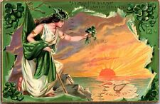 St. Patricks Day Postcard Erin's Isle Woman Green Flag Sunshine Shamrock picture