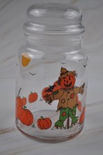Vintage Libbey Glass Halloween Scare Crow Candy Jar With Lid picture