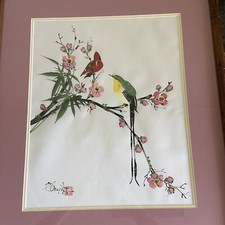 Asian Silk Artwork Hand Painted   Vtg Signed Bird  Matted Cherry Blossom picture