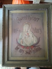 ANTIQUE VTG ART NOUVEAU GILT PICTURE FRAME WITH MOTHER MARY NEEDLEPOINT 22 X 18” picture