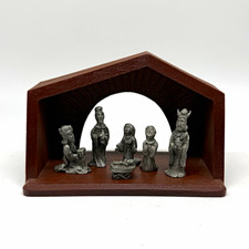 Vintage 1982 Spoontiques Pewter Nativity Set 6 Figures Wood Creche Manger Decor picture