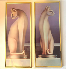 VTG Gold Framed Art Deco Style 80’s Cat Wall Art Modernist Cubist Sculpture picture