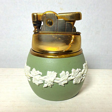 Wedgwood Green Jasperware Table Lighter White Floral Band Gold-Tone Top picture
