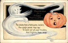 Halloween Jack-o'-lantern with Ghost Fantasy Whitney c1900s-10s Vintage Postcard picture