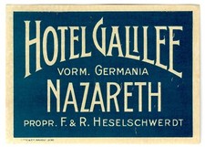 Judaica Palestine Very Rare Old Luggage Label Hotel Galilee Nazareth Templers picture