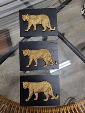 3 VTG Carved Wood Mountain Lion On Wood Backing 4” X 3” picture