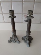 Antique Heavy Patina Baroque Bougeior Candlesticks Holders Figural Faces PairSet picture