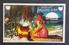 1909 antique JOLLY HALLOW E'EN halloween PC black cat witch DRAKE raritan nj picture