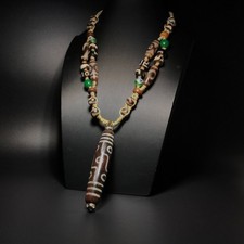 Vintage Tibetan Old Agate Dzi Bead 9 Eye Amulet Necklace Pendant 16×77mm picture