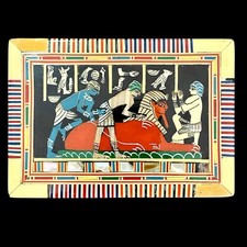VTG Egyptian Revival Inlaid Mother of Pearl Wood Jewelry Box Sphinx Blue Velvet picture