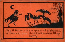 Halloween Skeleton Ghost Bats ORANGE BACK WHITNEY c1910s Vintage Postcard picture