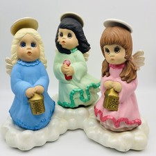 Large 1986 Vintage Set of 3 Angels on Clouds figurines tealight holder RARE picture