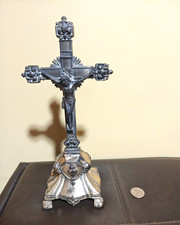 Christian Crucifix Cross Statue w/ Jesus Corpus, INRI Plaque, Silver Plated picture