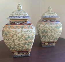 Pair Chinese Ginger Jars Crackle Glaze Lidded Urns Temple Vases Chinoiserie 14