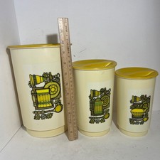 Vintage 70s Plastic Kitchen Canister Set 3 Piece Yellow Green Retro Nesting picture