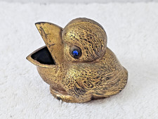 Antique 1920 E&JB Empire Art Gold Cast Bird Ashtray Match Safe Jeweled Blue Eyes picture