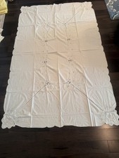 Vtg Lrg White Cotton Tablecloth W Floral Hand Embroidery & Cutwork Lace 98” picture