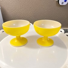 Vintage Mid Century Modern Butter Yellow Ceramic Pedastal Dessert Bowls SET OF 2 picture
