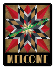 Amish Barn Quilt Metal Sign, Welcome Sixteen Point Star Design Red Wall Art picture