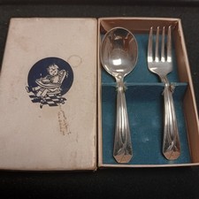 Vintage 1930s Allegheny Metal Baby Fork Spoon Set Royal Stainless Streamline picture