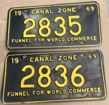2 Vintage 1969 Sequential Panama  License Plate Funnel For world Commerce picture