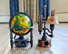 Vintage 70s Metal Colorful World Globe & Telephone lamp pencil sharpener picture