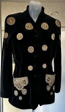 Vintage 1980s ESCADA Jacket Black Velvet Military Gold Filigree Medallions-Sz 35 picture
