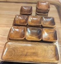 70s Vtg Monkey Pod 15 Piece Serving Set Acacia Carved Wood Square MCM picture