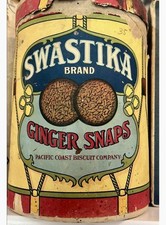 HTF Antique WWI Pacific Coast Biscuit Co Swastika Ginger Snaps Paper Barrel picture