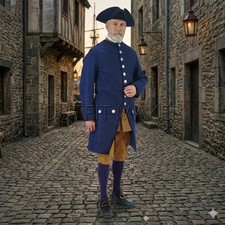 Authentic 1750s Colonial Civilian Outfit - Blue Frock Coat, Waistcoat & Breeches picture