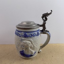 Antique White's of Utica Stoneware Beer Stein #41 Blue Lady Portrait Stoneware picture