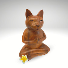 Namaste Cat Yoga Buddha Padmasana Lotus Statue Wood Carving Feline Balinese Art picture