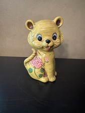 Vintage 1960s Wood Composition Kitty Cat Bank Yellow Kitsch  MCM picture