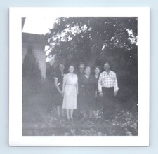 Old Vintage Square Photo MEN WOMEN GROUP PEOPLE IN YARD BY HOUSE SNAPSHOT picture
