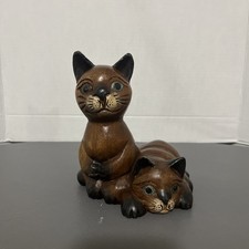 Vintage Hand Carved Wood Siamese Cat Mother & Kitten Figurine Folk Art picture