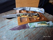 Vint. 3 Hunters/Fishing Pocket Knives Stainless Steel W/ Wooden Magnetic Case picture