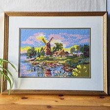 Vintage Framed Needlepoint Windmill Cottage Landscape Needlework Wall Art picture
