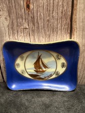 Antique FBS France Porcelain Pin Dish Trinket   Hand Painted Ship Blue Gold Trim picture