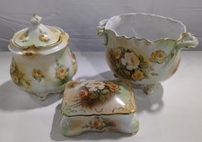Vintage R.S. Prussia Style 5 Pc Porcelain Set Roses Gold Trim Cookie Jar Trinket picture