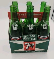 Vintage 1960 7Up King Size 12oz Soda Bottles & Cardboard Carrier Set 6 Pack Mead picture