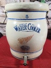 RedWing Ceramic Water Cooler Crock 5 Gal Spigot Works Beige/Blue NO Lid picture