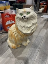 Vintage White Ceramic Persian Cat Large Kitty Sitting Statue W Green Eyes 1979 picture