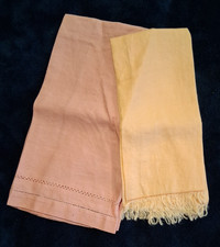 Vintage 1930s 1940s Linen Guest Hand Towels Lot Hemstitched Peach Fringed Yellow picture