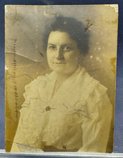 Vintage old found photo 1910s B&W Sepia Woman Lace Blouse Glasses Portrait picture