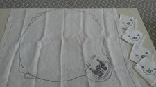 Vintage 1930s Linen Tablecloth Napkins Colonial Tea Cross Stitch Set picture