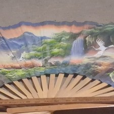 Vintage Large Oriental Asian Folding Wall Fan Decor Hand Painted 62 x 35 inches picture