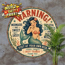 Humorous Mermaid Theme Round Metal Sign Vintage Ocean Beach House Tin Plaque picture