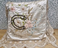 Antique cushion cover WW1 era souvenir de France silk ribbonwork hand embroidery picture